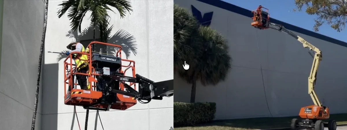 Pressure Kleen crew washing a Medley industrial building from a boom lift, alongside a wider view of the facility