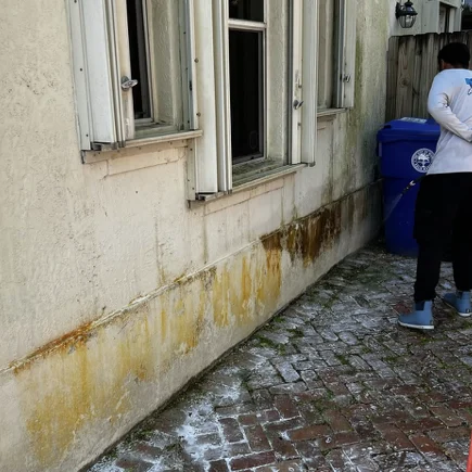 Technician cleaning a townhome facade at Parisian Village