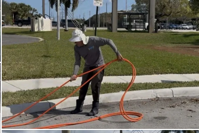 Technician cleaning a walkway at Veterans Park