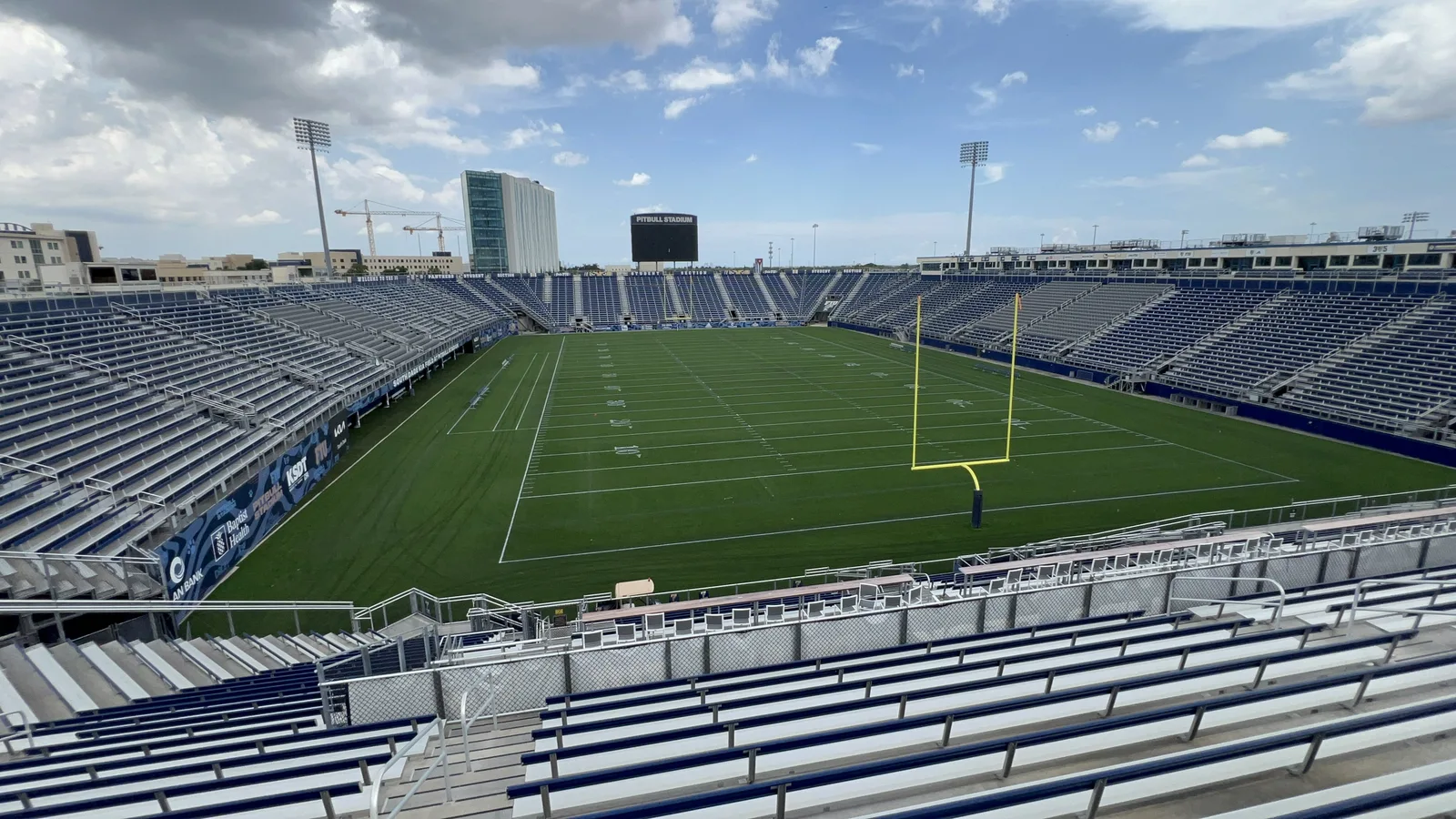 Wide view of the football field and surrounding seating at FIU Pitbull Stadium in Miami